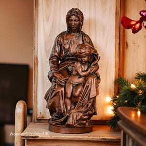 Hand Carved Wooden Our Lady Statue: Virgin Mary and Child Sculpture