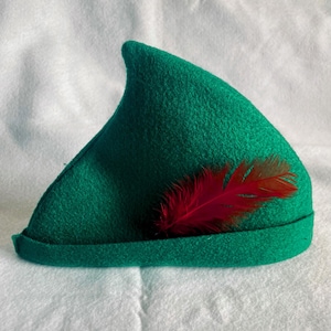 May include: A green felt hat with a pointed tip and a red feather. The hat has a rounded brim and is likely a costume accessory. The feather is a vibrant red color, adding a pop of color to the hat's design.
