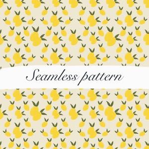 Könnte beinhalten: Ein nahtloses Muster mit gelben Früchten und grünen Blättern auf cremefarbenem Hintergrund. Das Muster enthält den Text "Seamless pattern" in einem weißen Banner.