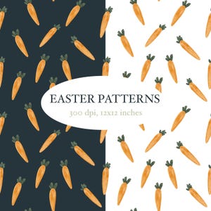 May include: Easter-themed pattern featuring orange carrots with green tops scattered on a dark blue and white background. The text "EASTER PATTERNS" is displayed with the resolution and dimensions of the pattern.