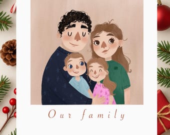 Индивидуальный рождественский семейный портрет • Персонализированная праздничная иллюстрация • Цифровой подарок