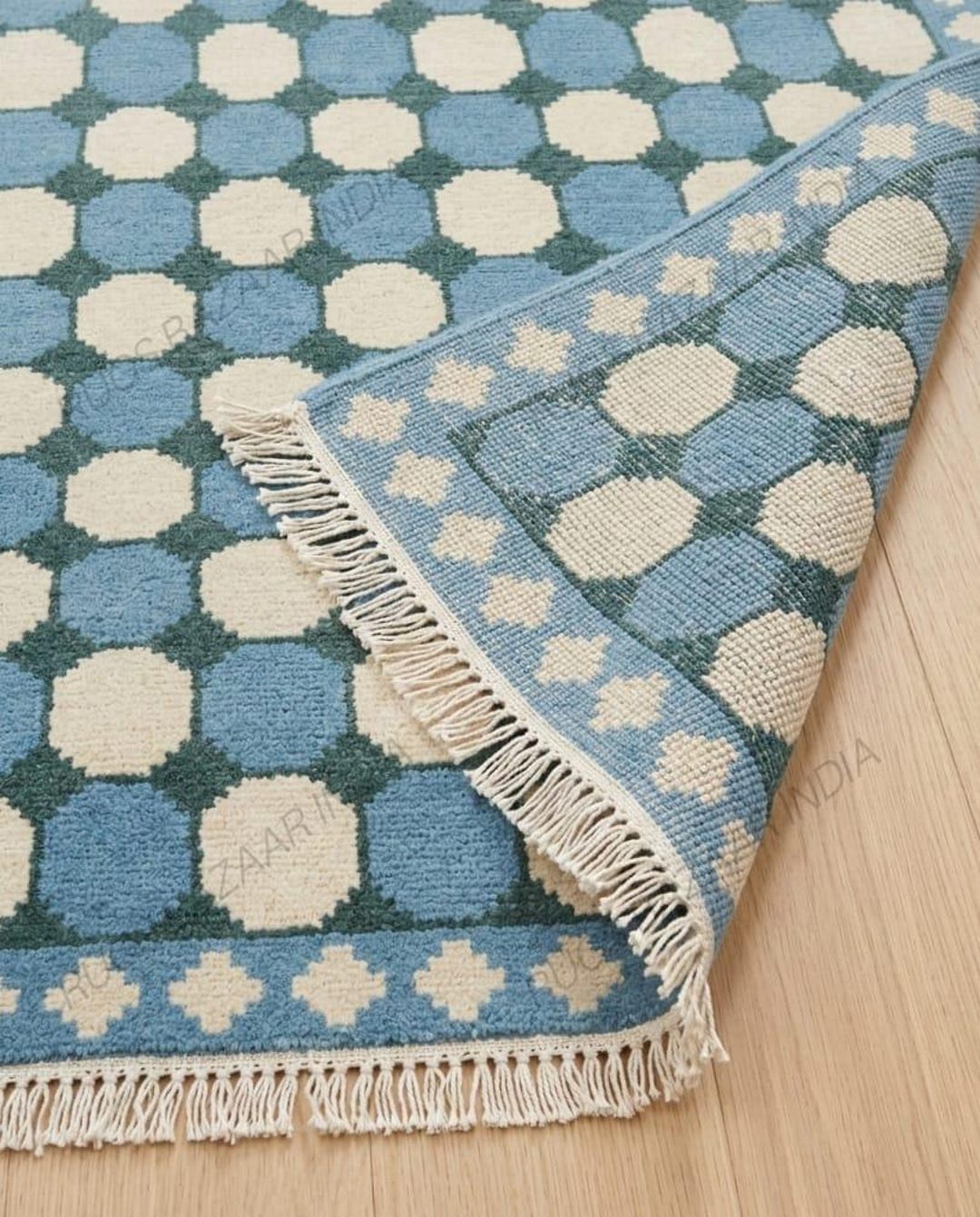 Blue Ivory Geometric Rug Hand Knotted Wool Area Rug Modern Checkered ...