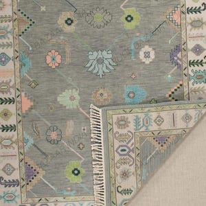 Grey Floral Area Rug Hand Knotted Wool Turkish Style Soft Pastel Neutral Rug Cozy Living Room Bedroom Minimal Aesthetic Decor Statement Rug