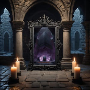 May include: A gothic-style scene featuring a large, ornate mirror with a dark, purple interior. The mirror is framed by a decorative, black metal border. Lit candles flank the mirror, casting a warm glow in the stone chamber. The text at the bottom of the mirror is blurry.