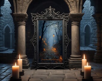 May include: A gothic-style room with stone columns and arched ceilings. A decorative black framed mirror displays a misty forest path with glowing lights. Lit candles in black holders are placed in front of the mirror, creating a mysterious ambiance.