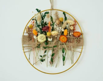 Dried Flower Wall Hanging, Handmade Botanical Hoop Art, Boho Chic Floral Wall Decor, Rustic Dried Flower Wreath, Nature Inspired Decor