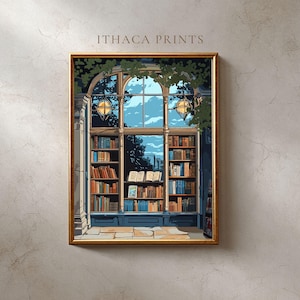 May include: Framed art print depicting a library scene. The artwork features a large arched window overlooking a blue sky with clouds. Bookshelves are filled with books in shades of brown and blue. The print is framed in a gold-colored frame, with the text "ITHACA PRINTS" at the top.