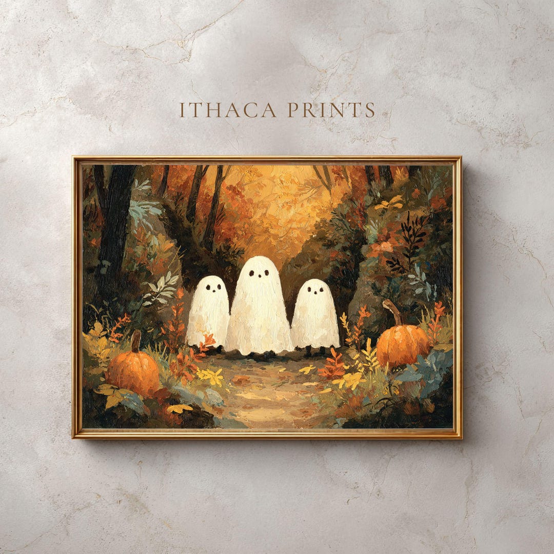 Cute Ghosts in Fall Forest Printable Art – Halloween Wall Decor With ...
