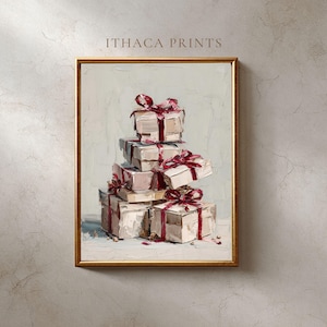 Könnte beinhalten: Ölgemälde eines Stapels verpackter Geschenke mit roten Bändern und Schleifen. Die Geschenke sind in verschiedenen Weiß- und Rosatönen gehalten, mit einem goldenen Rahmen und dem Text "ITHACA PRINTS" oben.