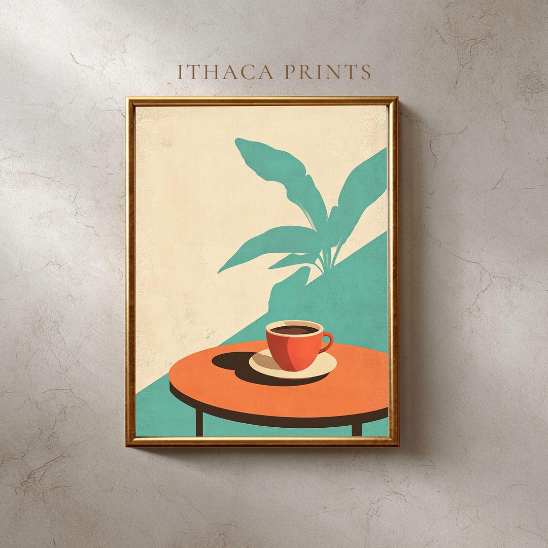 Japandi Coffee Print, Minimalist Kitchen Wall Art, Abstract Plant