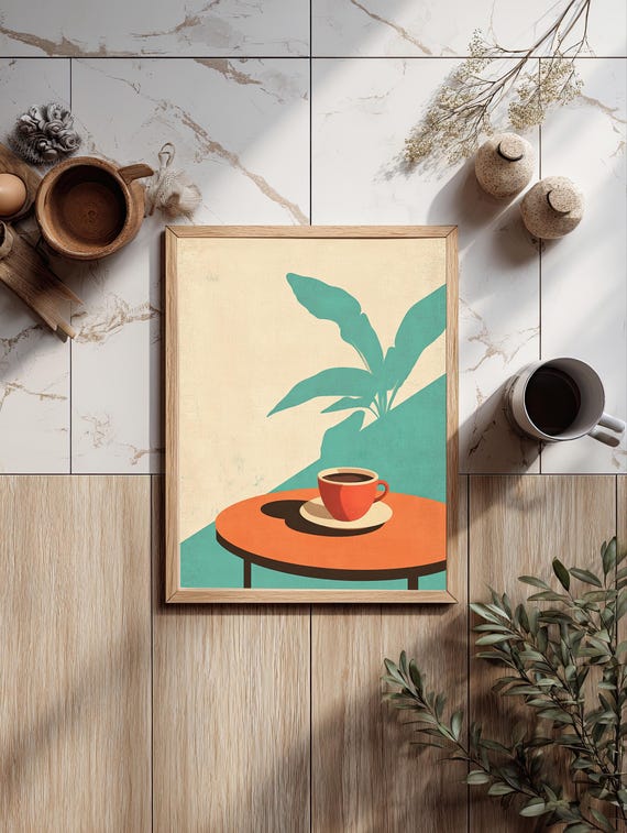 Japandi Coffee Print, Minimalist Kitchen Wall Art, Abstract Plant