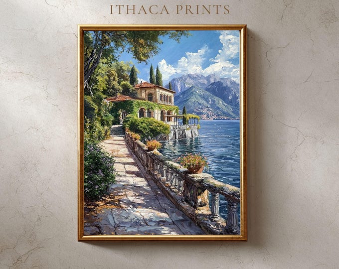 Vintage Lake Como Villa Painting | Sunset Italian Landscape Print ...