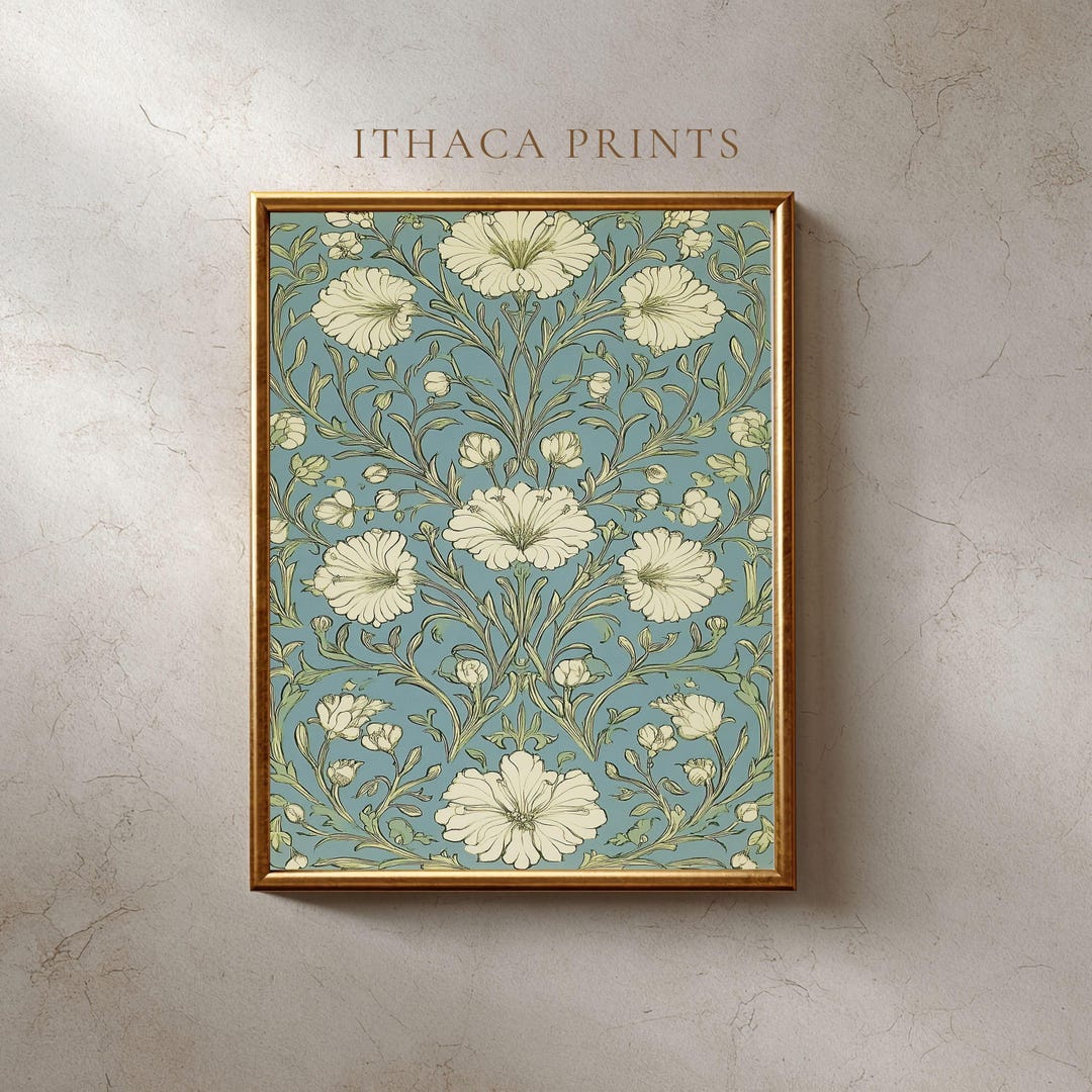 Arts and Crafts Floral Pattern Print, Vintage Botanical Wall Art, Blue ...