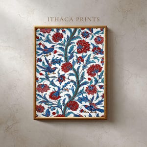 Vintage turkiskt kakelkonsttryck, Iznik blom- och fågelmönster, röd och blå botanisk väggdekor, Maximalist Home Art | 426