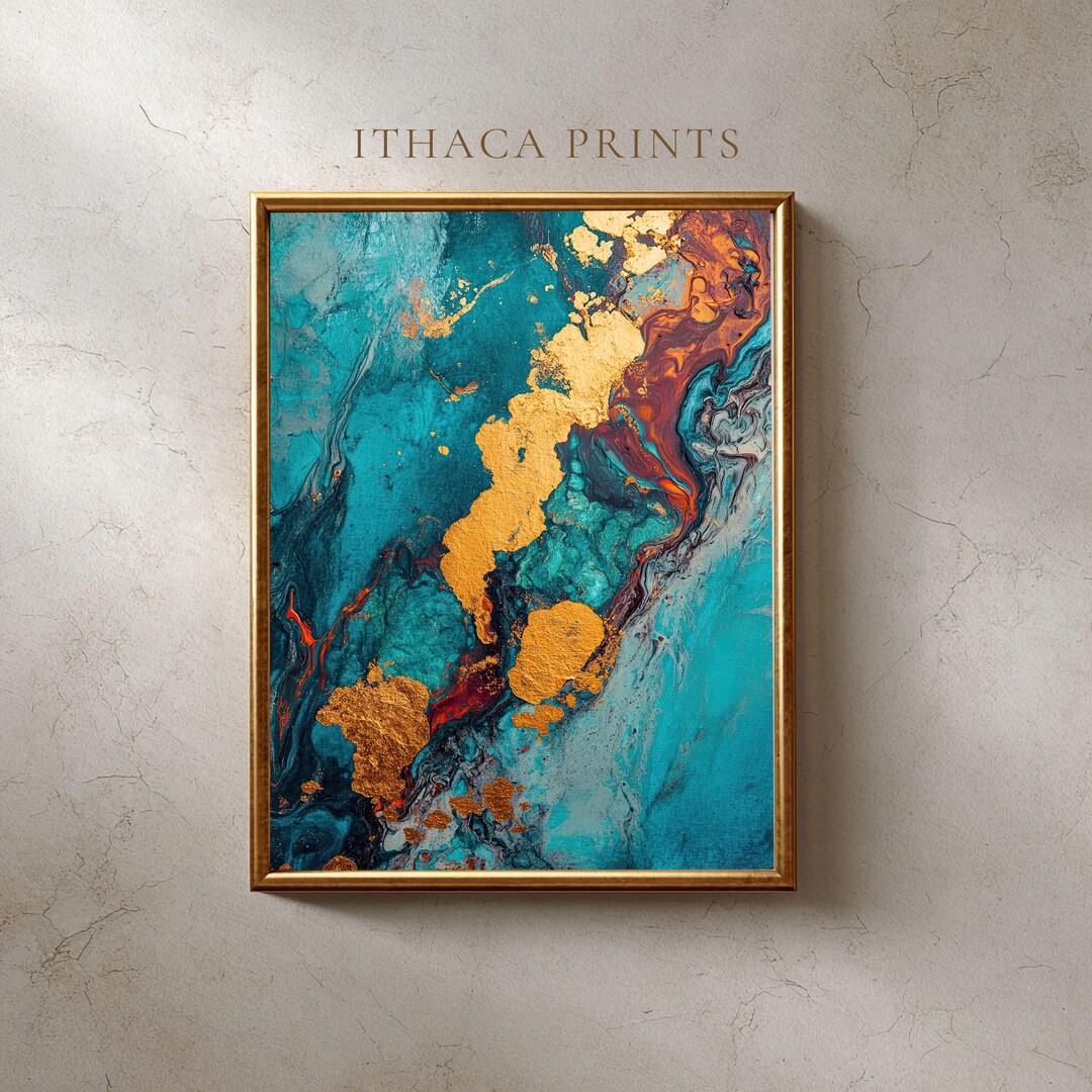 Teal and Gold Abstract Art Print, Modern Fluid Pnting, Luxury Wall ...