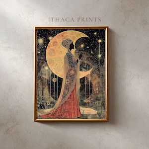 Può includere: Stampa artistica incorniciata raffigurante una donna con un lungo abito rosso e un copricapo, in piedi davanti a una grande luna crescente. L'opera d'arte ha un tema celeste con un cielo stellato e il testo "ITHACA PRINTS" in alto.