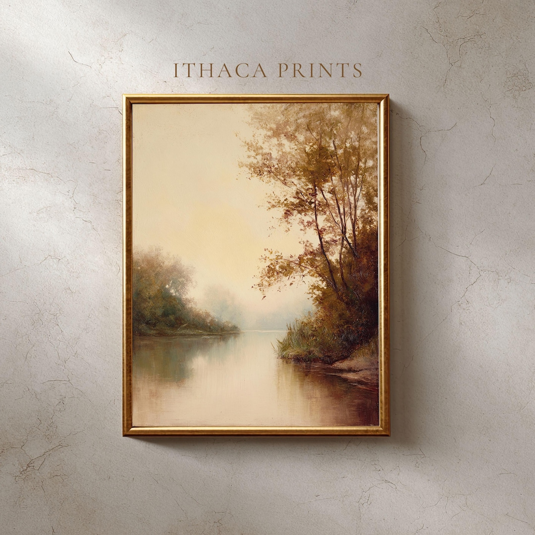 Misty River Landscape Art, Moody Tonalist Painting Print, Neutral Wall ...