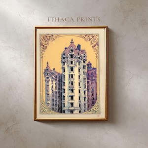 May include: Framed art print featuring a detailed illustration of a multi-story building with ornate architectural details. The print has a vintage aesthetic, with a gold frame and the text "ITHACA PRINTS" at the top.