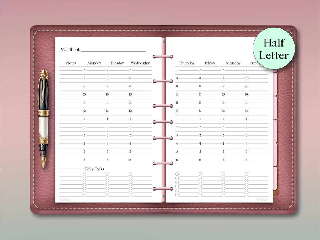 Undated Half Letter Weekly Planner Insert: Minimal, Hourly Vertical ...