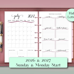 2026-2027 Pink Month on 1 Page Planner Inserts: Half Letter, Goal Setting Journal, Productivity Calendar, Notes & Planning (PDF Download)