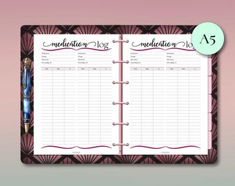Inserto para agenda de salud y bienestar A5 rosa: Registro de medicamentos (PDF de descarga instantánea)