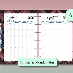 May include: A5 planner showing July and August 2026. The calendar has a pink spine and a decorative cover with a geometric design. The text "Sunday & Monday Start" is visible.
