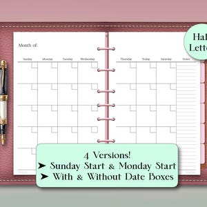 May include: A pink planner with a monthly calendar layout, featuring a pen and the text "4 Versions!" and "Half Letter." The calendar includes Sunday through Saturday and note sections. The planner is designed for organization.