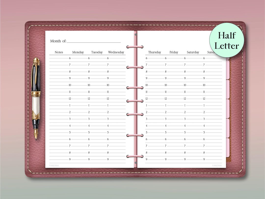Undated Hourly Planner Insert: Half Letter Minimal, Vertical Weekly ...