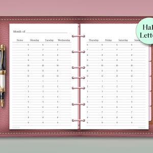 May include: A pink leather-bound planner with a weekly schedule layout. The planner is open to a two-page spread with a detailed calendar, and a pen is visible on the left side. The text "Half Letter" is in a green circle.