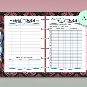 May include: A5 size weight tracker journal with a decorative cover. The journal features pages for tracking weight, goals, and rewards. The pages include sections for dates, weights, and notes. The cover has a geometric design in shades of brown and pink.
