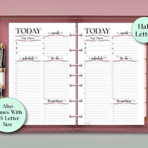 Pink Daily Planner Insert, Hourly Schedule, Top 3 Priorities, Daily Meals (PDF Download)