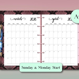 Puede incluir: Agenda A5 abierta a marzo y abril de 2026. Las páginas del calendario son blancas con texto negro, con inicio en domingo y lunes. La portada tiene un diseño geométrico en rosa oscuro y marrón. Un bolígrafo azul es visible a la izquierda.