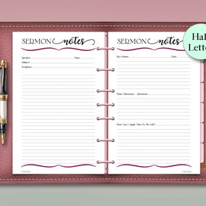 Sermon Notes Planner Inserts, Christian Bible Study, Printable Half Letter Size (PDF Download)
