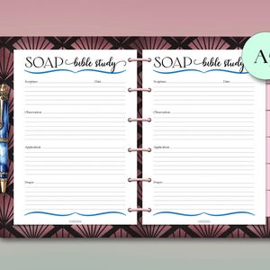 May include: A5-sized Bible study planner with a decorative cover featuring a geometric pattern in shades of pink and brown. The planner includes sections for Scripture, Observation, Application, and Prayer, with the text "SOAP bible study" at the top.