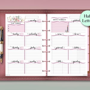 Pink Weekly Dashboard Planner Insert, Half Letter Undated Agenda, Tracker Page Checklists (PDF Download)