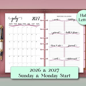 May include: A pink planner with a July 2027 calendar and monthly planning sections. The planner includes sections for events, birthdays, personal, health & fitness, home & auto, financial, work, and entertainment. The text "2026 & 2027 Sunday & Monday Start" is also visible.