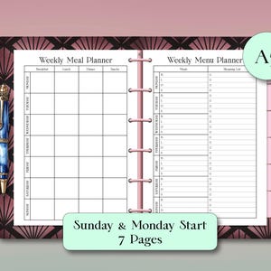 May include: A5 size weekly meal planner with a pink and art deco design. The planner includes sections for meal planning and a shopping list. The text "Sunday & Monday Start" and "7 Pages" is visible. A pen with a blue and gold design is on the left side.