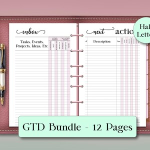 May include: A pink leather planner with lined pages, a pen, and a "GTD Bundle - 12 Pages" label. The planner is open to two pages with the words "inbox" and "next action" at the top. The pages are divided into sections for tasks and descriptions.