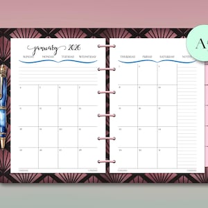 May include: A5 size planner insert for January 2026, featuring a monthly calendar layout. The pages are held together with pink rings and have a decorative geometric border in shades of burgundy and black. A blue pen is visible on the left side.