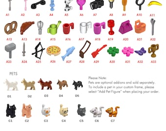 Może przedstawiać: Kolekcja miniaturowych plastikowych akcesoriów do zabawek i figurek zwierząt oznaczonych od A1 do A33, od D1 do D5 oraz od C1 do C7. Przedmioty obejmują żywność, narzędzia, instrumenty muzyczne oraz różne figurki psów i kotów do ramek.