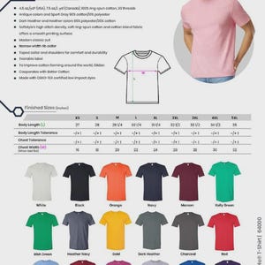 May include: A pink Gildan Softstyle T-shirt, size chart, and color options are displayed. The chart shows measurements in inches for sizes XS to 5XL. Colors include white, black, orange, navy, maroon, and green.