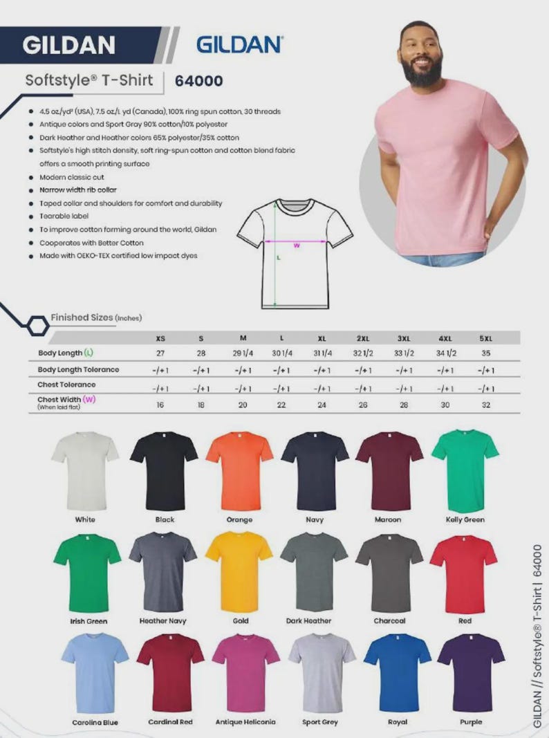 May include: A pink Gildan Softstyle T-shirt, size chart, and color options are displayed. The chart shows measurements in inches for sizes XS to 5XL. Colors include white, black, orange, navy, maroon, and green.