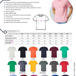 May include: A Gildan Softstyle T-shirt in various colors, including white, black, orange, and navy. The image displays a size chart with measurements in inches, and a model wearing a pink shirt. The shirt is made of ring-spun cotton.