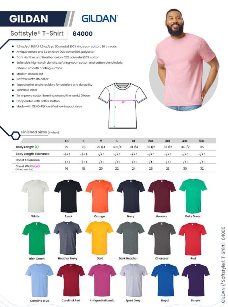 May include: A Gildan Softstyle T-shirt in various colors, including white, black, orange, and navy. The image displays a size chart with measurements in inches, and a model wearing a pink shirt. The shirt is made of ring-spun cotton.