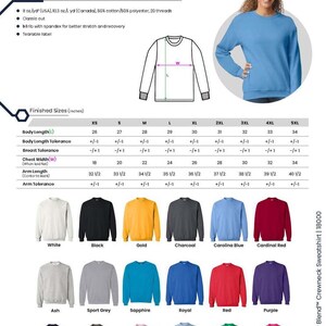 May include: A light blue Gildan Heavy Blend crewneck sweatshirt. The image shows a size chart with measurements in inches and a color palette including white, black, gold, and red. The sweatshirt has a classic cut and is made of a cotton/polyester blend.