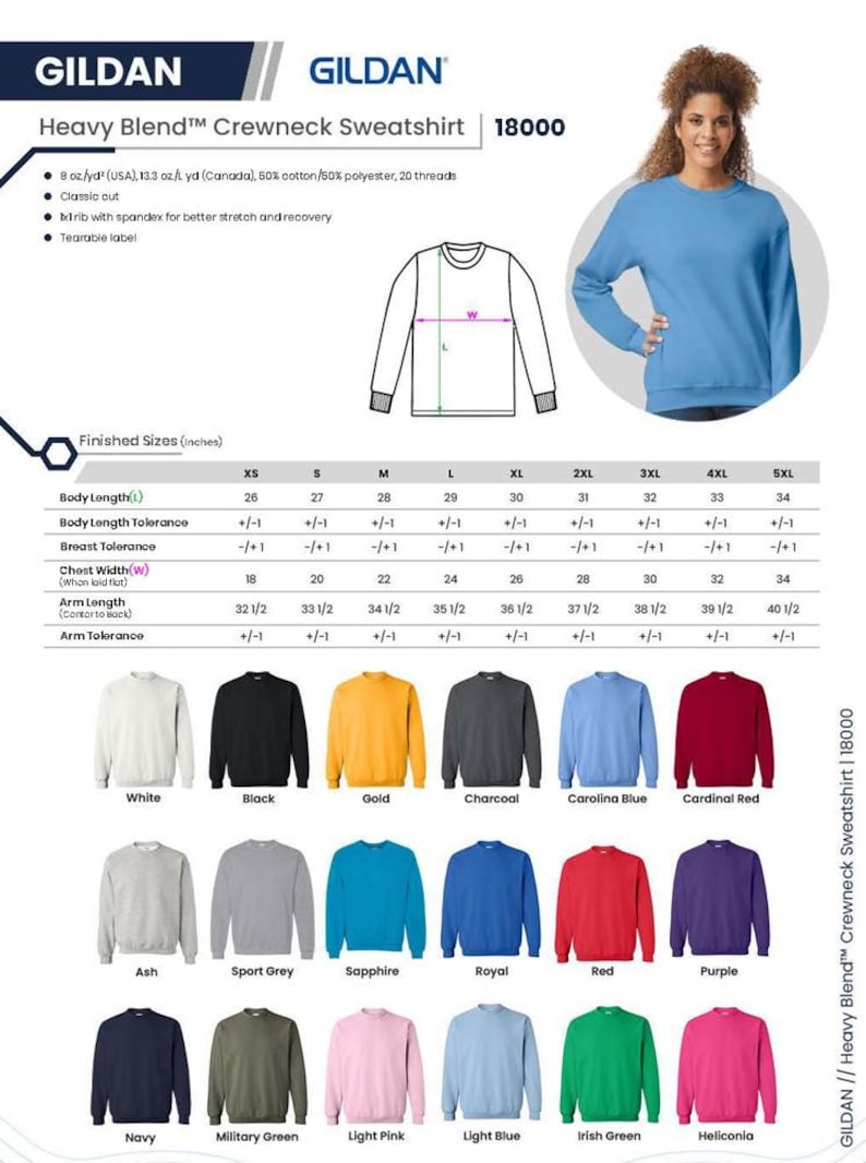 May include: A light blue Gildan Heavy Blend crewneck sweatshirt. The image shows a size chart with measurements in inches and a color palette including white, black, gold, and red. The sweatshirt has a classic cut and is made of a cotton/polyester blend.