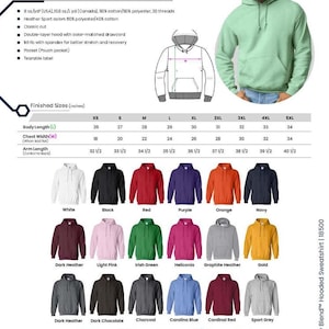 May include: Gildan Heavy Blend hooded sweatshirt in various colors. Features a classic cut, double-layer hood, and a kangaroo pocket. Available in sizes XS to 5XL. Body length ranges from 26 to 34 inches.