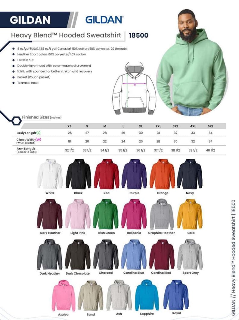 May include: Gildan Heavy Blend hooded sweatshirt in various colors. Features a classic cut, double-layer hood, and a kangaroo pocket. Available in sizes XS to 5XL. Body length ranges from 26 to 34 inches.