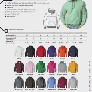 May include: Gildan Heavy Blend hooded sweatshirt in various colors. Features a classic cut, double-layer hood, and a pouch pocket. Available in sizes XS to 5XL. Body length ranges from 26 to 34 inches.