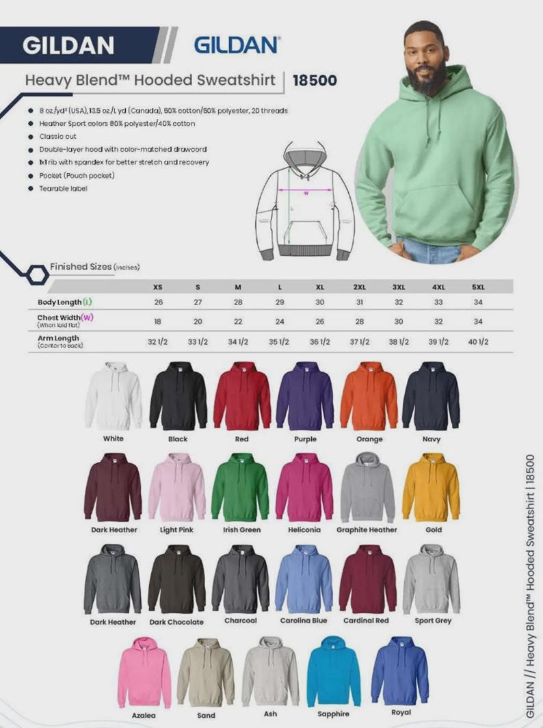 May include: Gildan Heavy Blend hooded sweatshirt in various colors. Features a classic cut, double-layer hood, and a pouch pocket. Available in sizes XS to 5XL. Body length ranges from 26 to 34 inches.